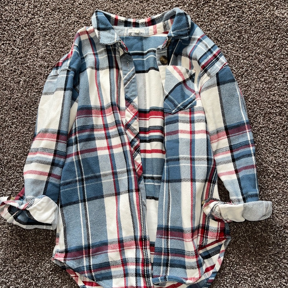 Plaid Flannel Shirt - Blue, Red, and White